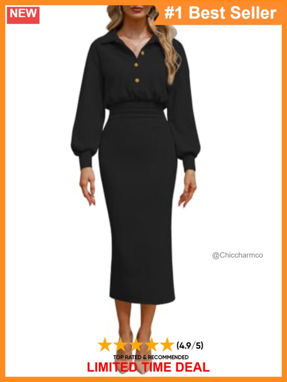 BISUAL Sweater Dress Bodycon Knit Midi Polo Neck Long Sleeve Ruched Waist